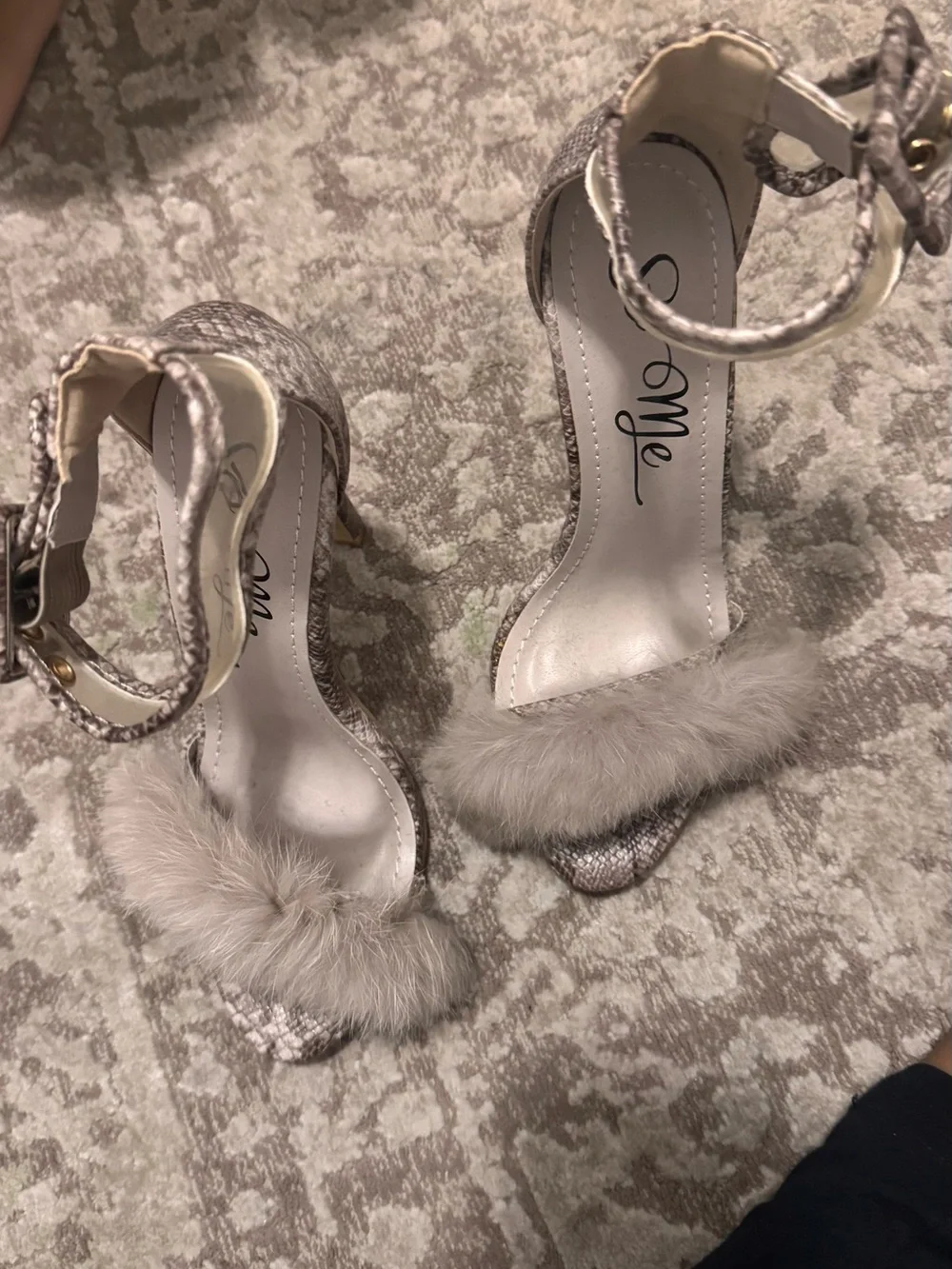 So Me Faux-Fur Snake-Print Ankle-Strap Heels in Light Gray